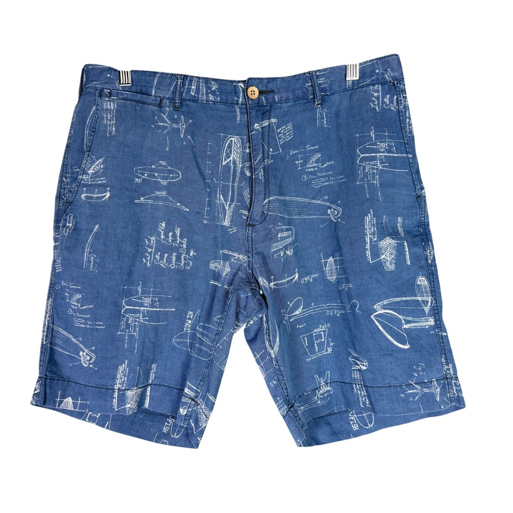 Faherty Mens 36 Blue Cotton Linen Surfboard Print Shorts Summer Holiday Golf